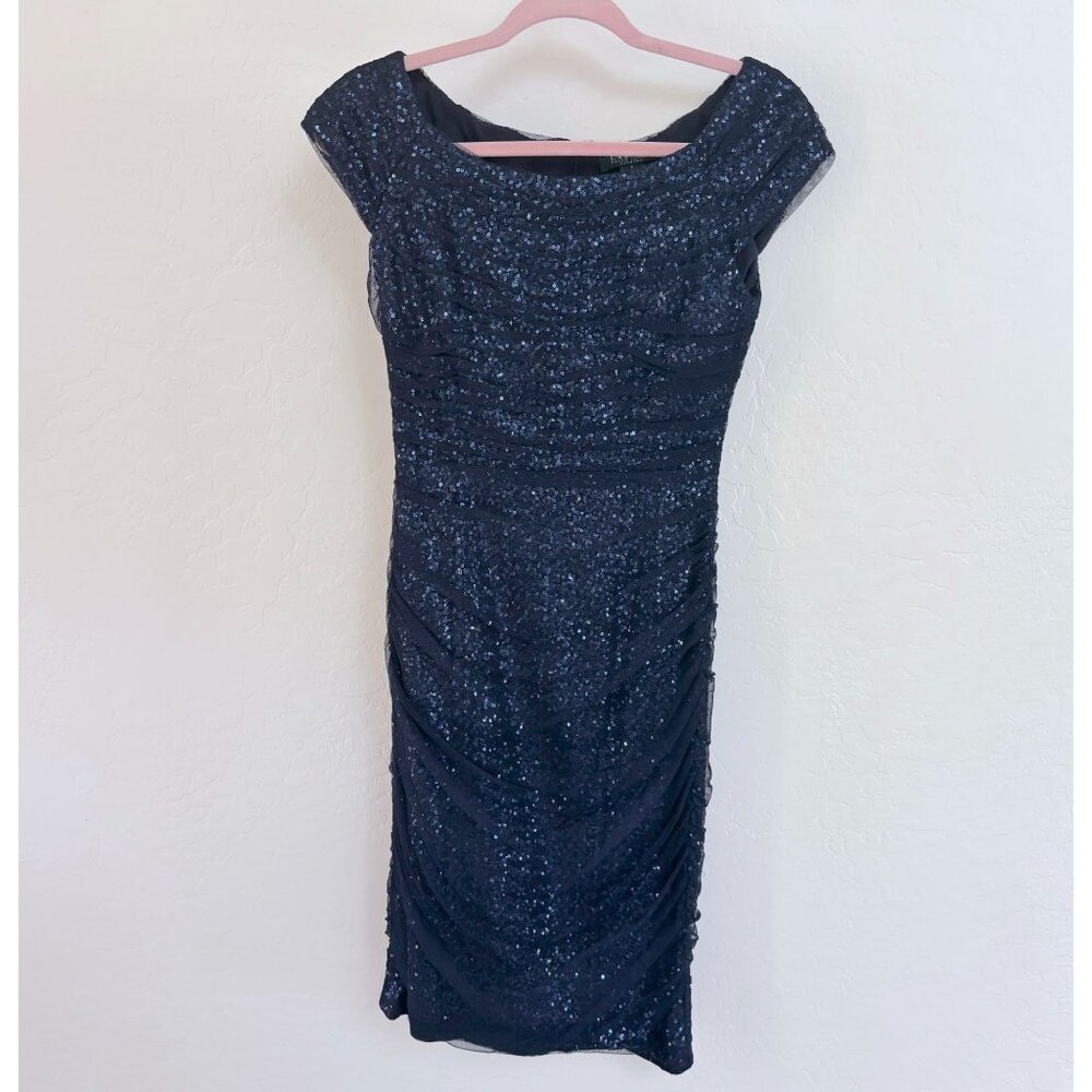 Lauren Ralph Lauren Women Navy Sequined Bodycon Ruched Cocktail Dress Size‎ 2